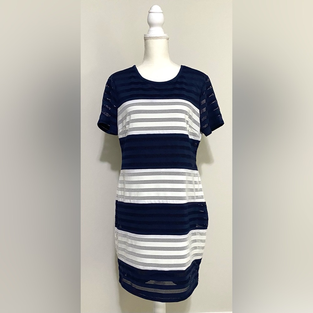 Beige by ECI Womens L Blue White Stripe Dress Preppy Nautical Fisherman Summer